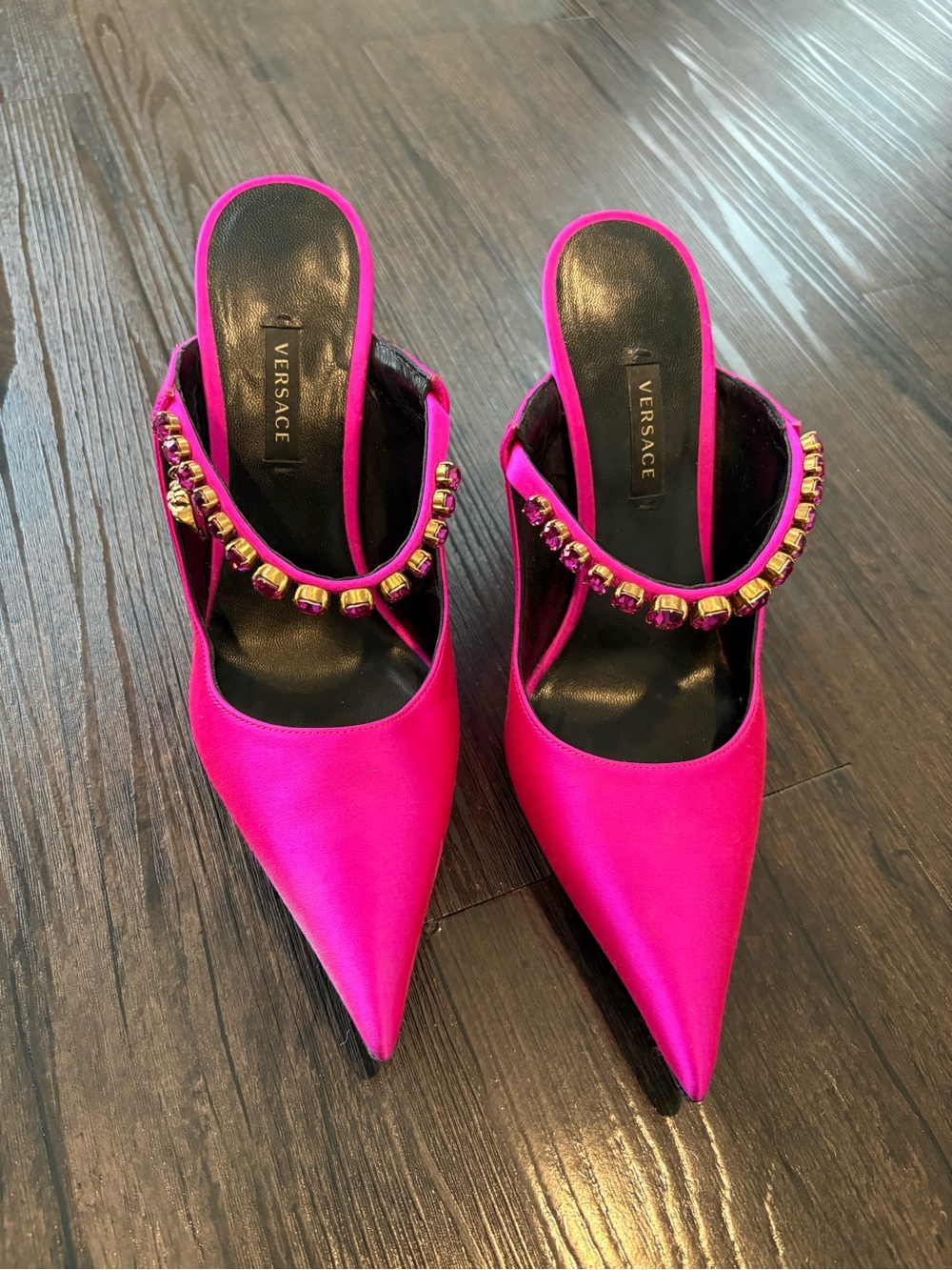 Versace Fuchsia Satin Pointed Mules with Gold Beaded Strap